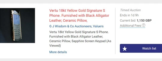 Điện thoại giá gần 20.000 USD của Vertu hiện được bán đấu giá ở mức 1.500 USD. Ảnh:TNW.