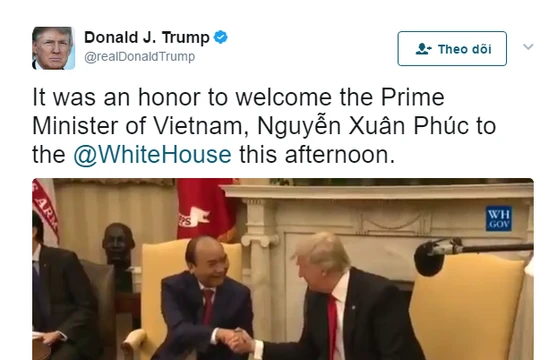 Video đón tiếp Thủ tướng Nguyễn Xuân Phúc được Tổng thống Donal Trump đăng trang trọng trên Twitter cá nhân.