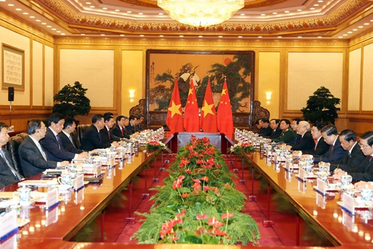 Tổng Bí thư Nguyễn Phú Trọng hội đàm với Tổng Bí thư, Chủ tịch Trung Quốc Tập Cận Bình. Ảnh: TTXVN