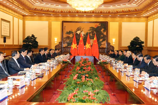 Tổng Bí thư Nguyễn Phú Trọng hội đàm với Tổng Bí thư, Chủ tịch Trung Quốc Tập Cận Bình. Ảnh: TTXVN