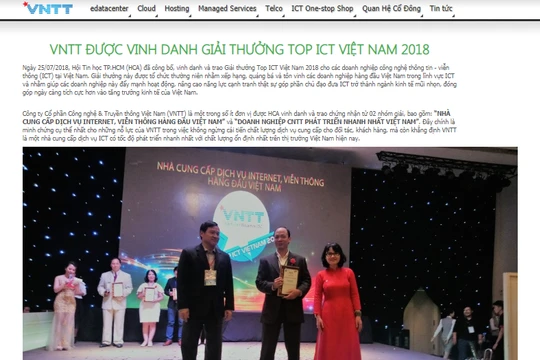 Ảnh chụp màn hình website Công ty cổ phần công nghệ và truyền thông Việt Nam công bố nhận giải thưởng tại Lễ trao giải Top ICT Việt Nam năm 2018.