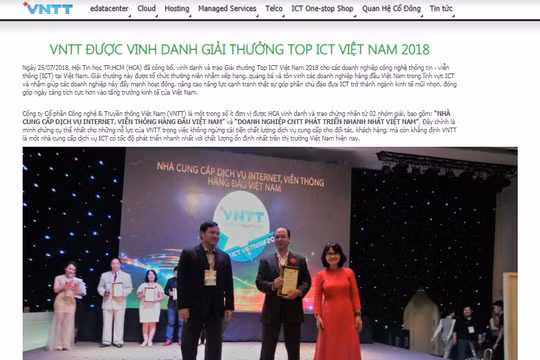 Ảnh chụp màn hình website Công ty cổ phần công nghệ và truyền thông Việt Nam công bố nhận giải thưởng tại Lễ trao giải Top ICT Việt Nam năm 2018.