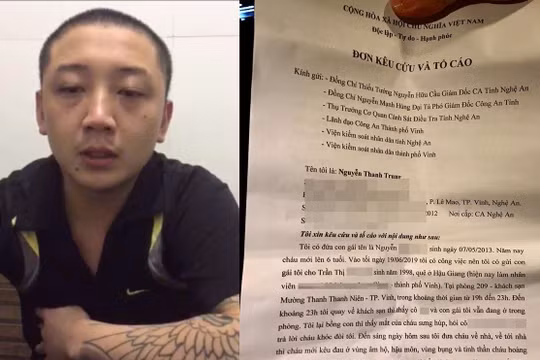 Bị can Nguyễn Thanh Trung tại cơ quan công an và lá đơn tố cáo.