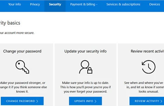 Giao diện thẻ Security trong trang Dashboard tài khoản Microsoft