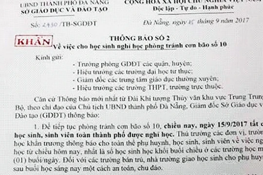 Sáng 15/9, Sở GD-ĐT TP Đà Nẵng đã phát văn bản khẩn, thông báo cho học sinh trên toàn địa bàn TP được nghỉ học để tránh bãi số 10 kể từ chiều nay (15/9).