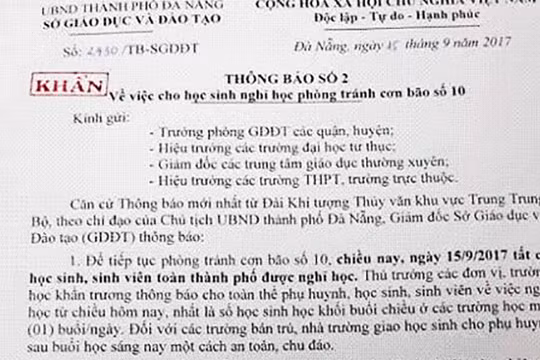  Sáng 15/9, Sở GD-ĐT TP Đà Nẵng đã phát văn bản khẩn, thông báo cho học sinh trên toàn địa bàn TP được nghỉ học để tránh bãi số 10 kể từ chiều nay (15/9).