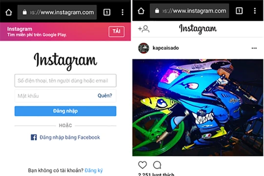 Giao diện đăng nhập và giao diện chính trên phiên bản web của Instagram.