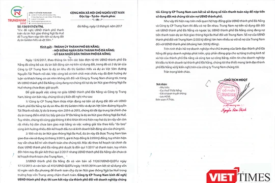 Văn bản phản hồi của Công ty CP Trung Nam liên quan đến khoản nợ hơn 2.050 tỷ đồng mà chính quyền Đà Nẵng chưa trả cho doanh nghiệp này khi bị "bêu" nợ tiền sử dụng đất.