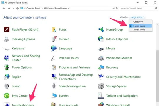 Chuyển chế độ hiển thị trong Control Panel sang Large icons