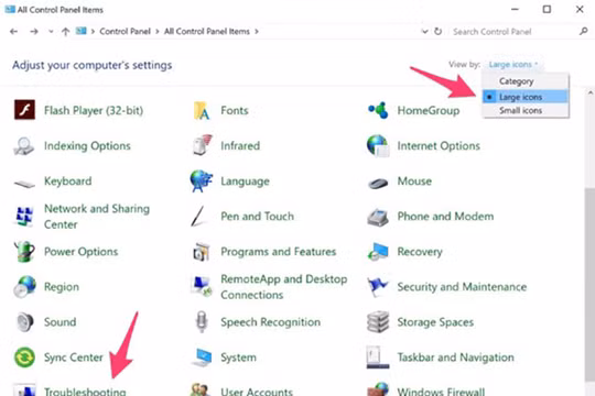 Chuyển chế độ hiển thị trong Control Panel sang Large icons