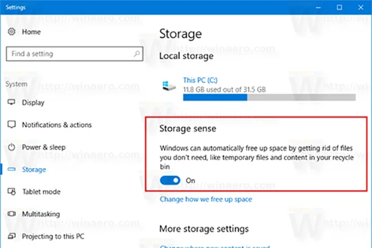 Tính năng Storage sense trên Windows 10 Creators có khả năng tự dộng dọn dẹp ổ cứng sau một khoảng thời gian nhất định nhằm tăng dung lượng lưu trữ của thiết bị.