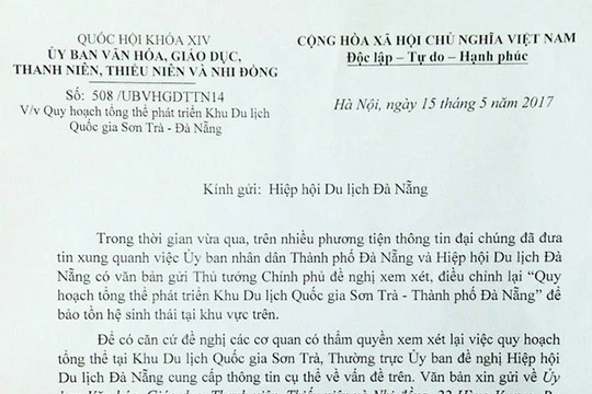 Công văn từ Ủy ban Văn hóa, Giáo dục, Thanh niên, Thiếu niên và Nhi đồng của Quốc hội gửi Hiệp hội Du lịch Đà Nẵng "Về việc Quy hoạch tổng thể phát triển Khu du lịch quốc gia Sơn Trà-Đà Nẵng".