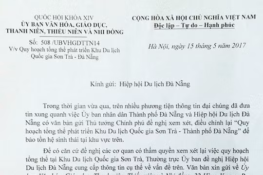Công văn từ Ủy ban Văn hóa, Giáo dục, Thanh niên, Thiếu niên và Nhi đồng của Quốc hội gửi Hiệp hội Du lịch Đà Nẵng "Về việc Quy hoạch tổng thể phát triển Khu du lịch quốc gia Sơn Trà-Đà Nẵng".