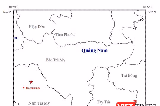 Vị trí tâm chấn trận động đất mạnh 3,9 độ richter vừa xảy ra trên địa bàn huyện Nam Trà My (Quảng Nam)