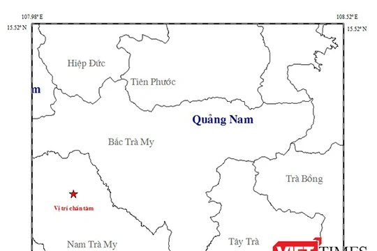 Vị trí tâm chấn trận động đất mạnh 3,9 độ richter vừa xảy ra trên địa bàn huyện Nam Trà My (Quảng Nam)