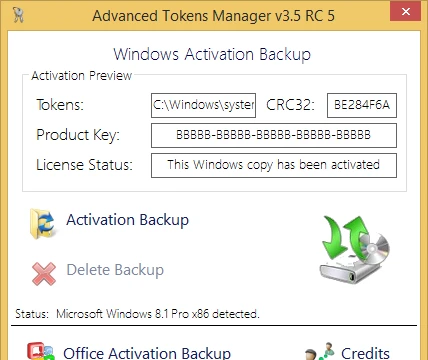 Advanced Tokens Manager cho phép người dùng sao lưu, phục hồi bản quyền Windows và Microsoft Office chỉ với vài thao tác đơn giản.