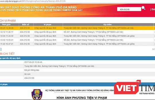 Ảnh chụp màn hình trên web tra cứu vừa được CA Đà Nẵng đưa vào hoạt động