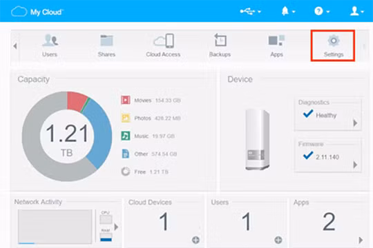 Khi đăng nhập bằng tài khoản quản trị viên (administrator), tại giao diện chính của trang Dashboard, bạn hãy nhấn vào nút Settings (biểu tượng hình bánh răng ở góc trên bên phải).