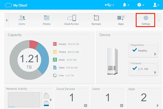 Khi đăng nhập bằng tài khoản quản trị viên (administrator), tại giao diện chính của trang Dashboard, bạn hãy nhấn vào nút Settings (biểu tượng hình bánh răng ở góc trên bên phải).