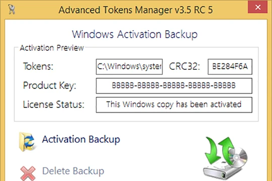 Advanced Tokens Manager cho phép người dùng sao lưu, phục hồi bản quyền Windows và Microsoft Office chỉ với vài thao tác đơn giản.