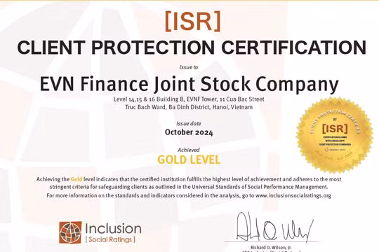EVNFinance đạt chứng nhận hạng vàng về Bảo vệ Khách hàng