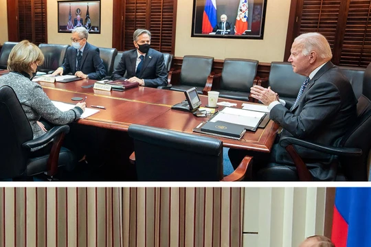 Lãnh đạo Nga và Mỹ tham gia hội nghị trực tuyến hôm 7/12 (Ảnh: NYTimes)