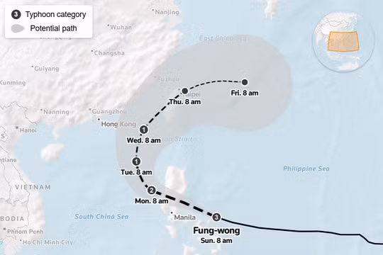 Đường đi dự kiến của siêu bão Fung-wong. Ảnh: Reuters.