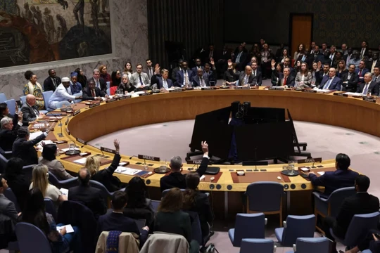Các đại sứ và đại diện của Liên Hợp Quốc bỏ phiếu trong cuộc họp của Hội đồng Bảo an Liên Hợp Quốc về nghị quyết do Mỹ soạn thảo về kế hoạch Gaza tại New York trong hôm 17/11. Ảnh: AFP.