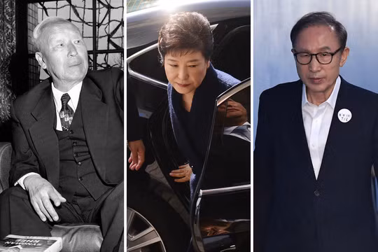 Từ trái sang phải, Tổng thống Hàn Quốc Syngman Rhee tại dinh tổng thống vào tháng 3/1955; cựu Tổng thống Park Geun-hye tại văn phòng công tố vào tháng 3/2017; và cựu tổng thống Hàn Quốc Lee Myung-bak tại phiên tòa xét xử ông vào tháng 9/2018. Ảnh: Washington Post.
