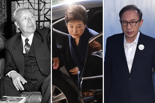 Từ trái sang phải, Tổng thống Hàn Quốc Syngman Rhee tại dinh tổng thống vào tháng 3/1955; cựu Tổng thống Park Geun-hye tại văn phòng công tố vào tháng 3/2017; và cựu tổng thống Hàn Quốc Lee Myung-bak tại phiên tòa xét xử ông vào tháng 9/2018. Ảnh: Washington Post.