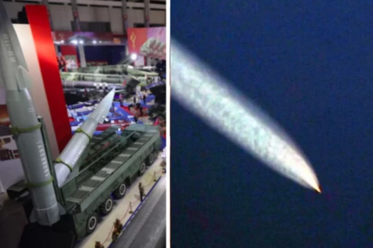 Mô hình tên lửa Hwasong-11Ma và phương tiện lượn của Triều Tiên trong quá trình bay. Ảnh: MW.