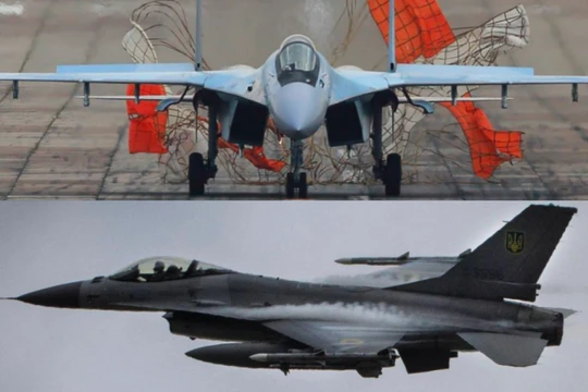Su-35 của Nga (trên) và F-16 của Ukraine. Ảnh: MW.
