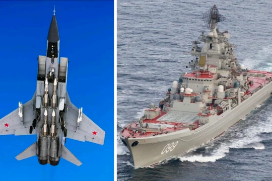 Chiến đấu cơ đánh chặn MiG-31 và tàu tuần dương lớp Kirov của Nga. Ảnh: MW.