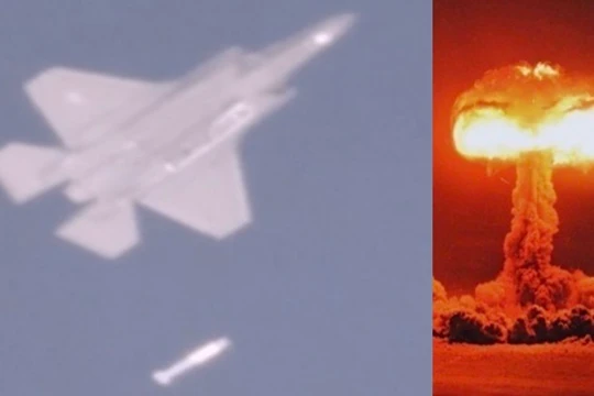 Máy bay F-35 thả bom B61 và một vụ nổ hạt nhân. Ảnh: MW.