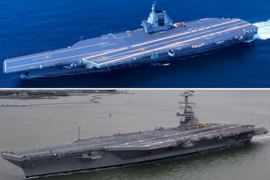 Siêu tàu sân bay Phúc Kiến của Trung Quốc (trên) và tàu sân bay USS Gerald Ford của Mỹ. Ảnh: MW.