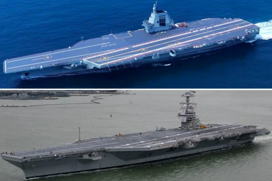 Siêu tàu sân bay Phúc Kiến của Trung Quốc (trên) và tàu sân bay USS Gerald Ford của Mỹ. Ảnh: MW.