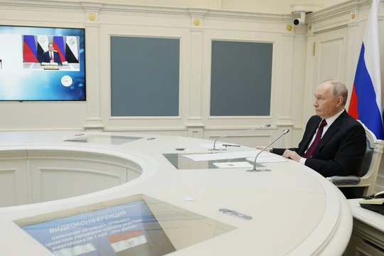 Tổng thống Nga Vladimir Putin tham dự buổi lễ lắp đặt bình phản ứng tại tổ máy điện đầu tiên của Nhà máy điện hạt nhân El Dabaa của Ai Cập qua hội nghị truyền hình tại Điện Kremlin ở Moscow, Nga, ngày 20/11. Ảnh: Sputnik.