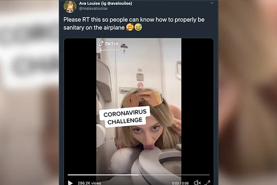 Hình ảnh cô gái liếm bồn cầu trên máy bay gây sốc cho người xem (Ảnh: RT)