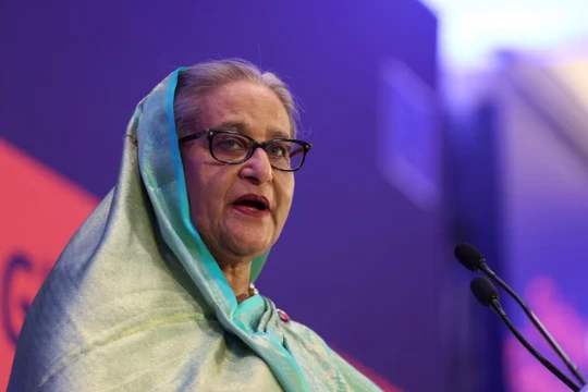 Thủ tướng Bangladesh bị lật đổ Sheikh Hasina tại Brussels, Bỉ ngày 25/10/2023. Ảnh: Reuters.