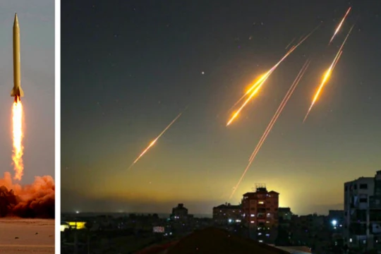 Tên lửa đạn đạo của Iran đang lao xuống Israel (phải) và hình ảnh tên lửa Shahab-3 đang được phóng. Ảnh: MW.