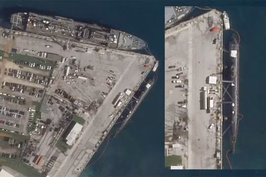 Tàu ngầm nghi là USS Connecticut neo đậu tại đảo Guam (Ảnh: Planet Labs).