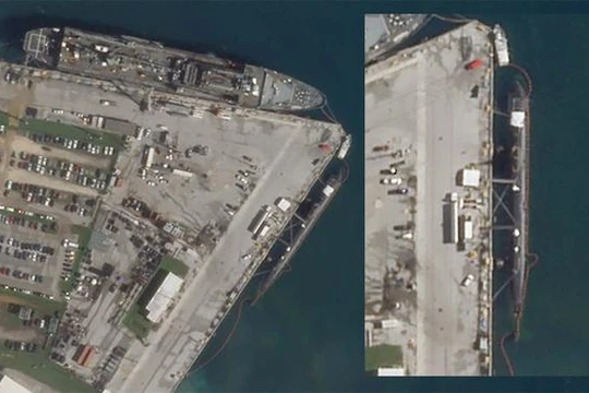 Tàu ngầm nghi là USS Connecticut neo đậu tại đảo Guam (Ảnh: Planet Labs).