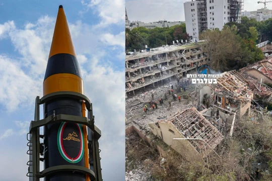 Tên lửa Kheibar và hình ảnh hủy diệt từ cuộc tấn công nhằm vào Tel Aviv, Israel. Ảnh: MW.