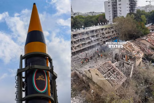 Tên lửa Kheibar và hình ảnh hủy diệt từ cuộc tấn công nhằm vào Tel Aviv, Israel. Ảnh: MW.