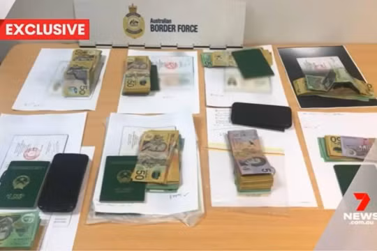 Hình ảnh từ bản tin của 7News thể hiện rõ các cuốn hộ chiếu mang quốc huy Việt Nam trong tang vật vụ việc. (Ảnh cắt từ clip)