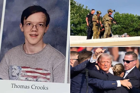 Nghi phạm nổ súng vào ông Donald Trump, Thomas Matthew Crooks, trong một bức anh chụp hồi trung học và tại hiện trường (Ảnh: NYPost)