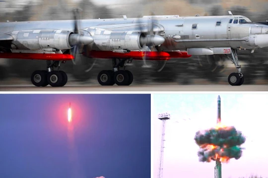 Máy bay ném bom Tu-95MS, các tên lửa R-29RMU và Yars trong quá trình tập trận. Ảnh: MW.