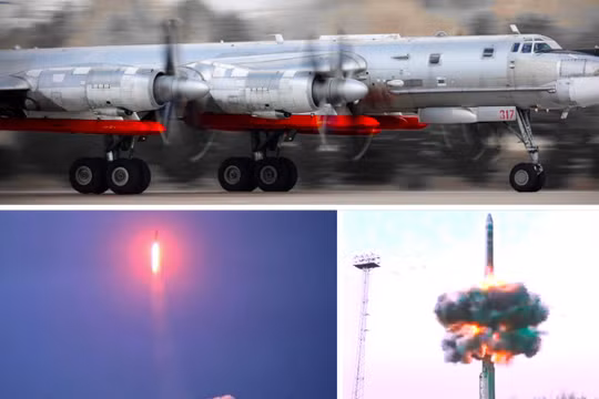 Máy bay ném bom Tu-95MS, các tên lửa R-29RMU và Yars trong quá trình tập trận. Ảnh: MW.