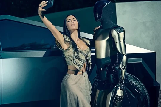 Kim Kardashian tạo dáng chụp ảnh bên chiếc Cybertruck và robot Optimus của Tesla. Ảnh: Thread.