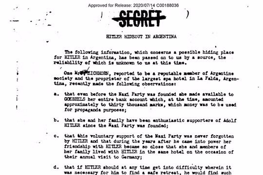 Một hồ sơ giải mật từ tháng 10/1945 cho thấy các điệp viên của Bộ Chiến tranh Mỹ đã nói với FBI về một nơi ẩn náu bí mật nghi của Hitler tại một khách sạn ở La Falda, Argentina. Ảnh: CIA.